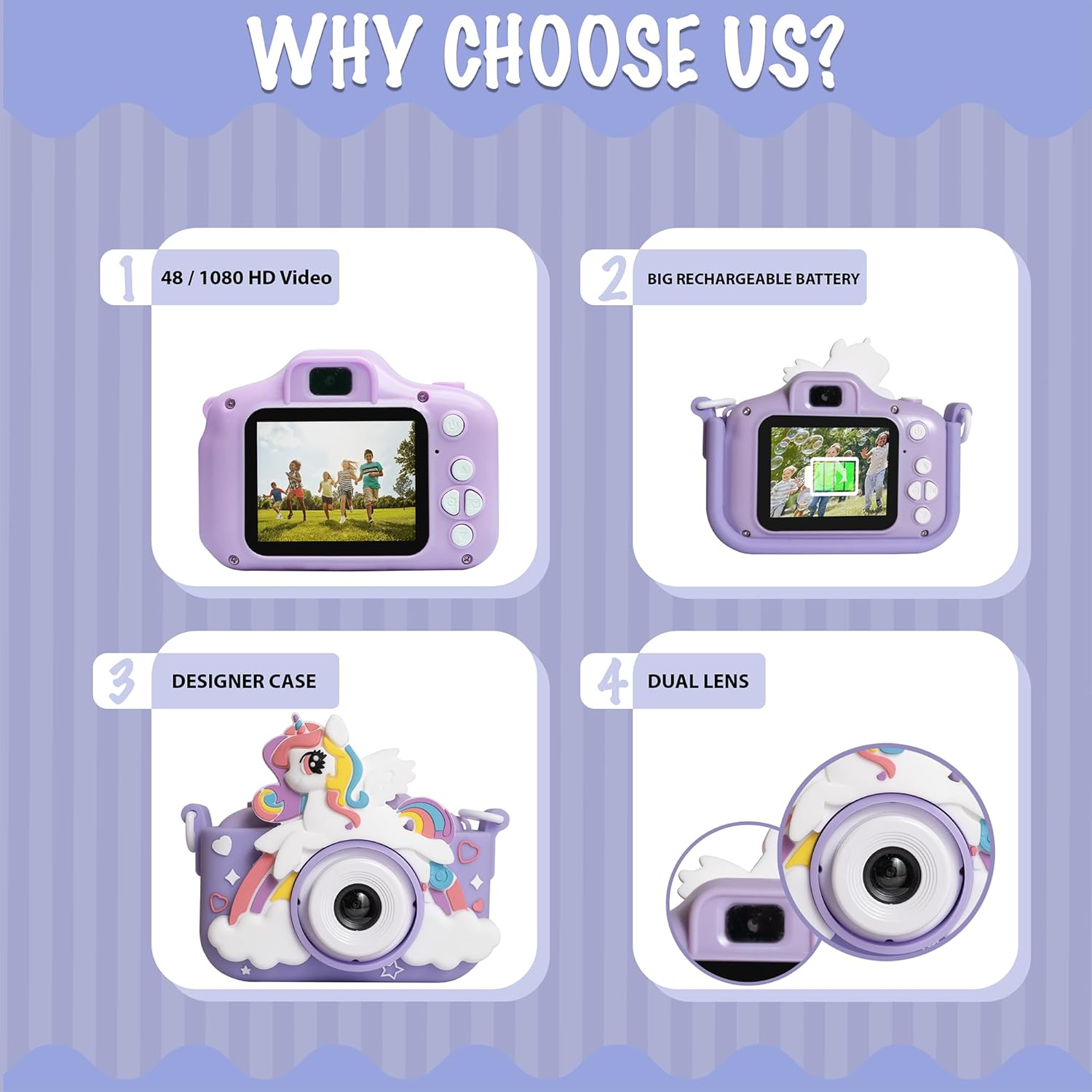 Cute pink kids' digital camera featuring a 1080P HD lens and a playful unicorn design with rainbow and clouds, shown with its included neck strap and USB charging cable. www.usmile.toys